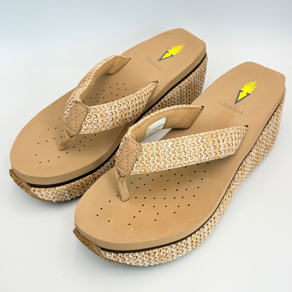 Volatile Neville Wedge Sandals Woven Raffia Platform Flip Flop Sz 8 Boho Summer - Picture 2 of 14